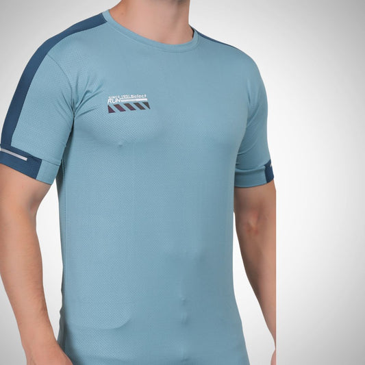 Light blue athletic shirt with dark blue sleeves on a white background