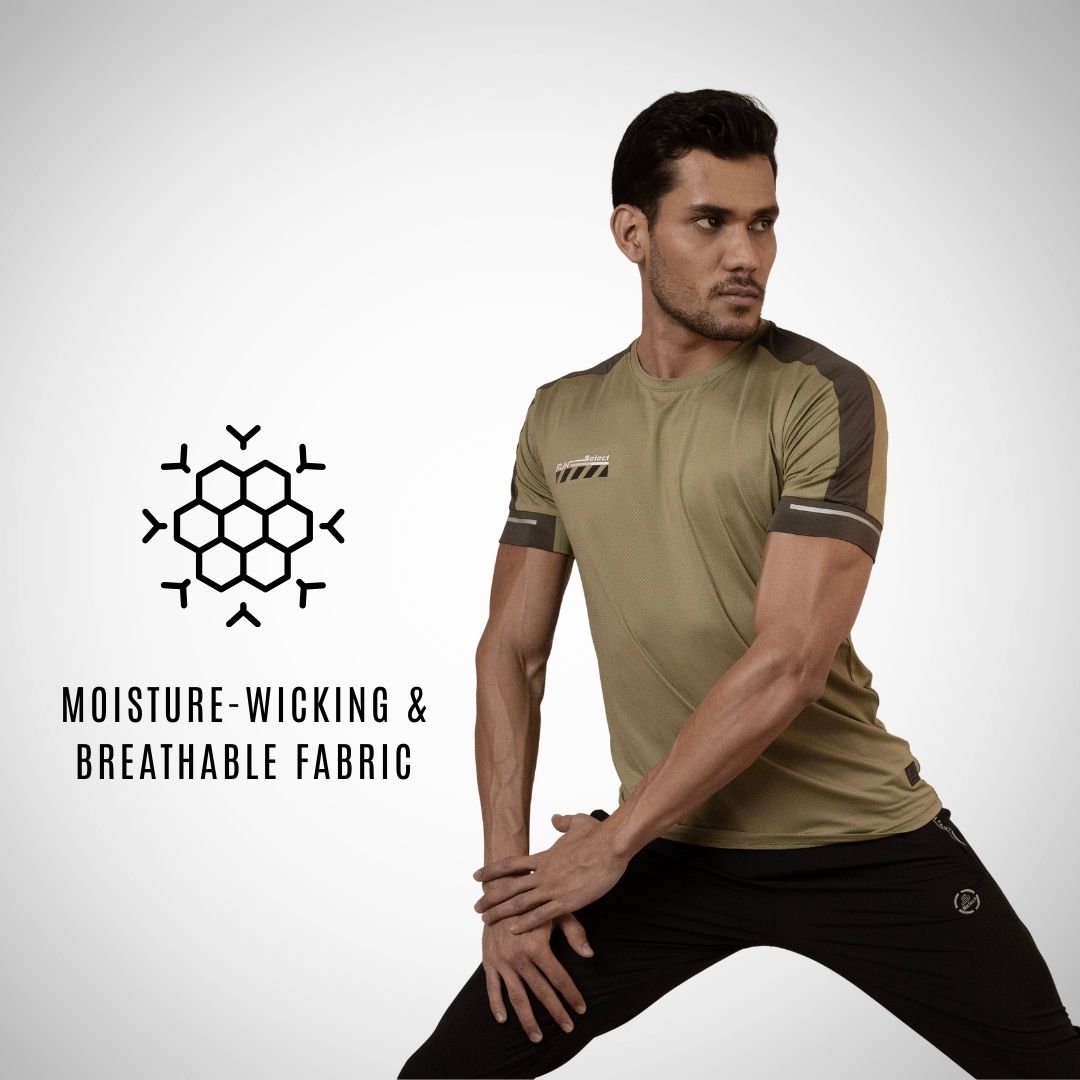 Man wearing a sports outfit with moisture-wicking and breathable fabric text and logo on a gray background