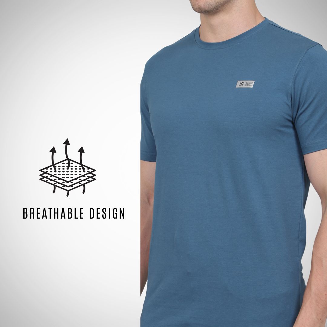 Blue t-shirt with breathable design feature on a white background