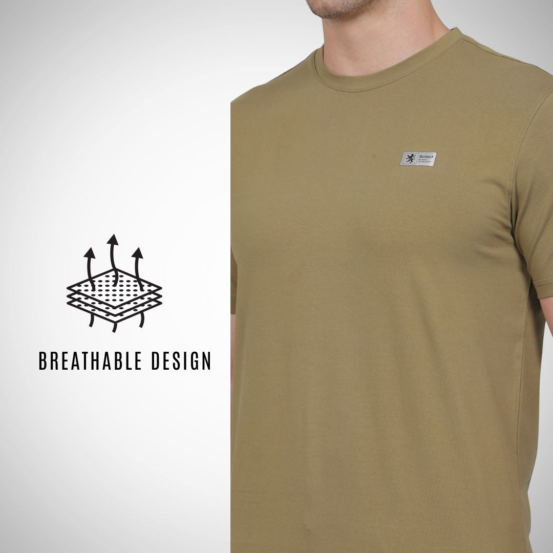 Khaki t-shirt with a small logo on a plain background, featuring text 'Breathable Design'.