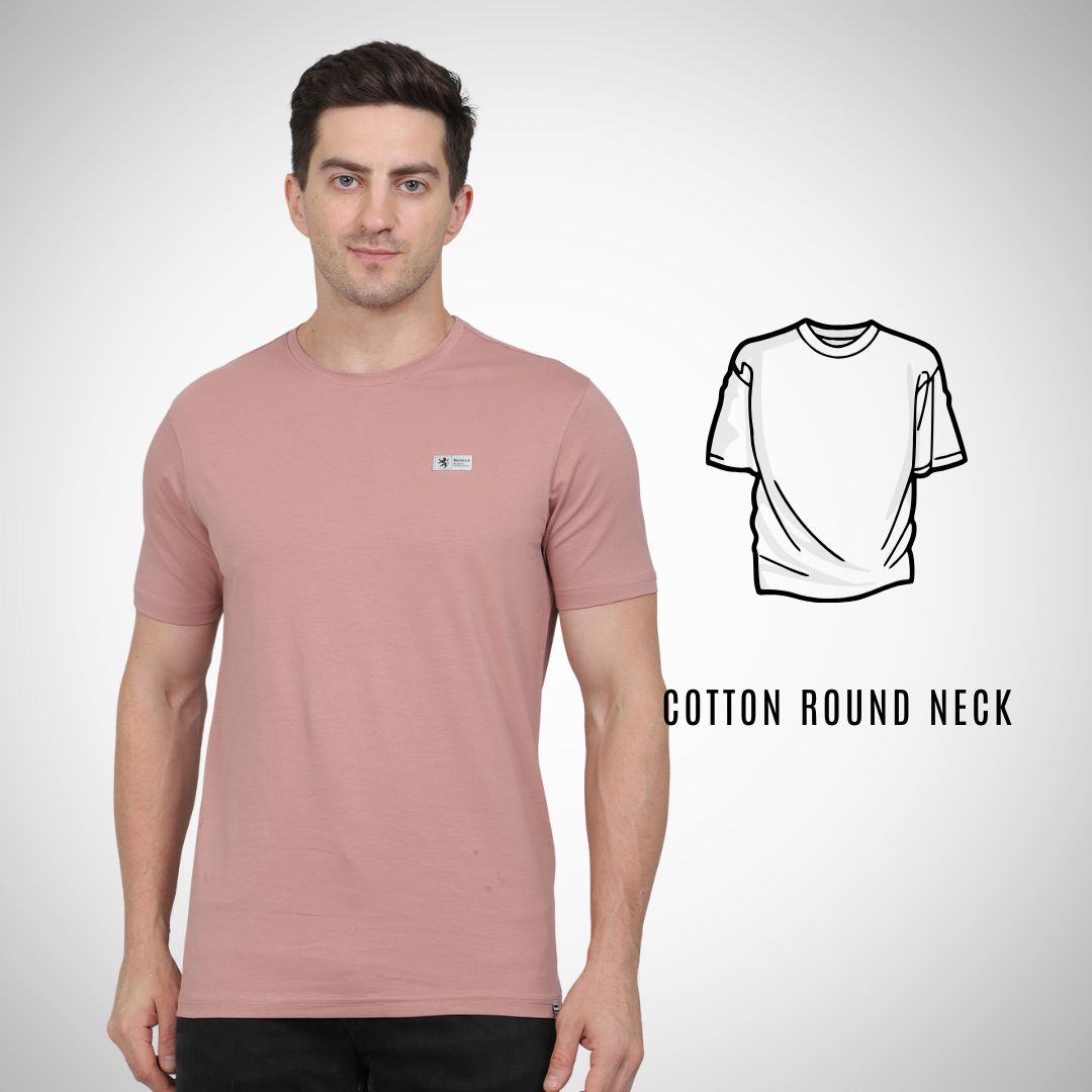 Man wearing a pink cotton round-neck t-shirt with an inset diagram on a white background