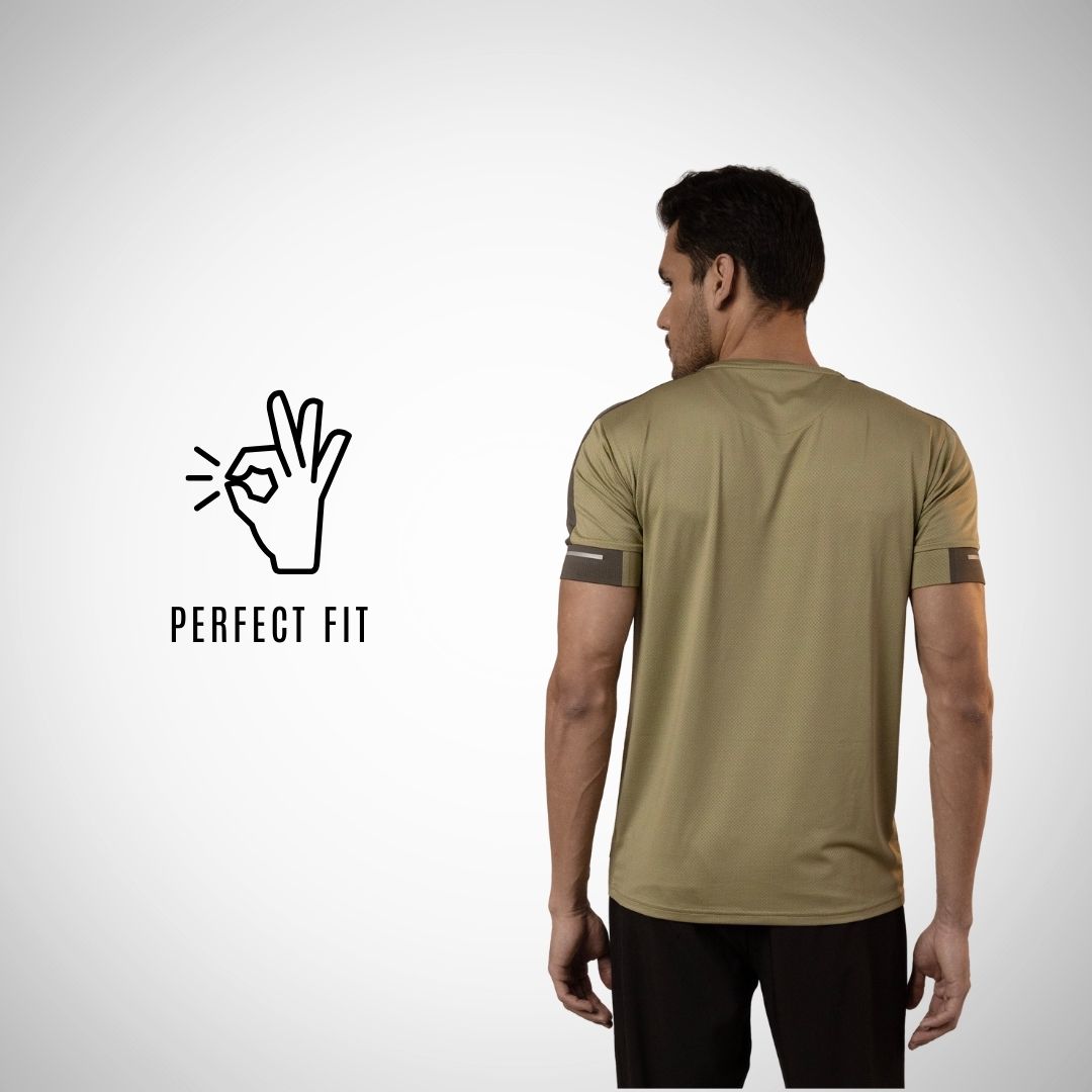 Man wearing a green athletic shirt with 'Perfect Fit' logo on a white background