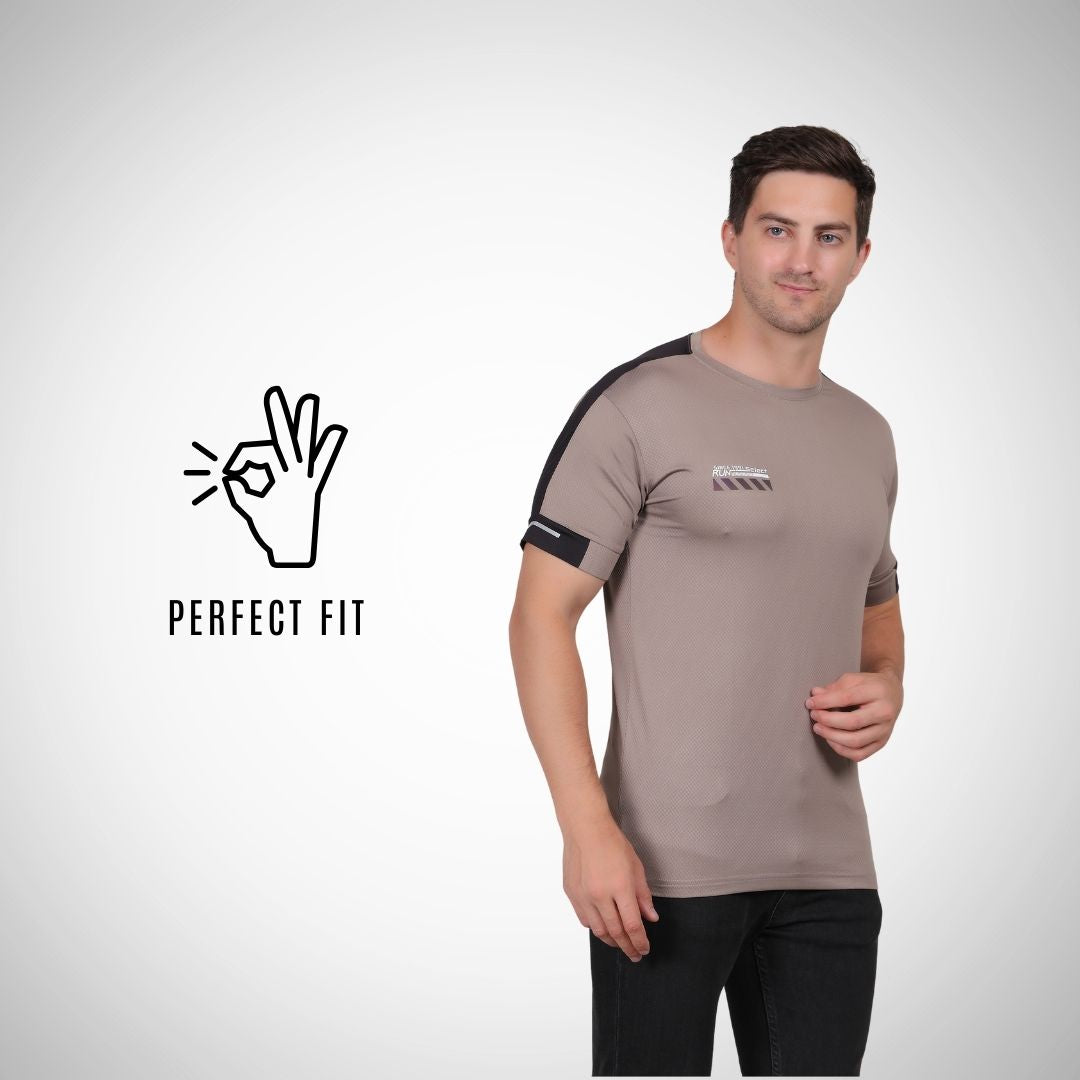 Man wearing a brown t-shirt with black sleeves, standing next to a 'Perfect Fit' logo on a white background.