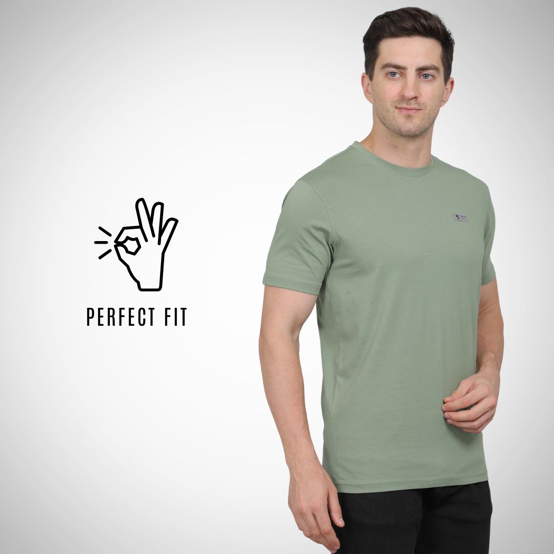 Man wearing a green t-shirt with 'Perfect Fit' logo on a white background