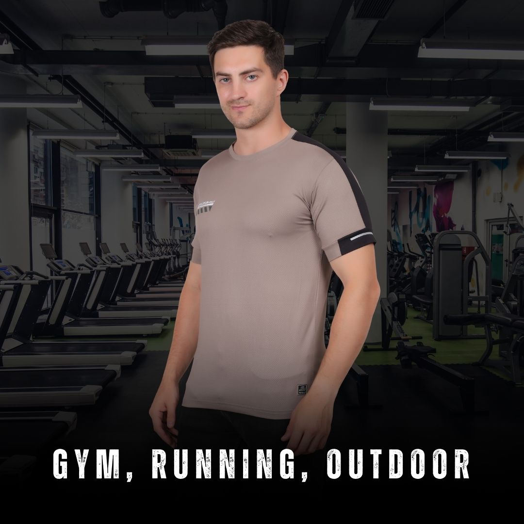 Man standing in a gym with text 'Gym, Running, Outdoor' displayed.