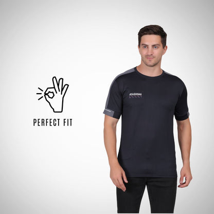 Man wearing a black t-shirt with a logo and text on a white background