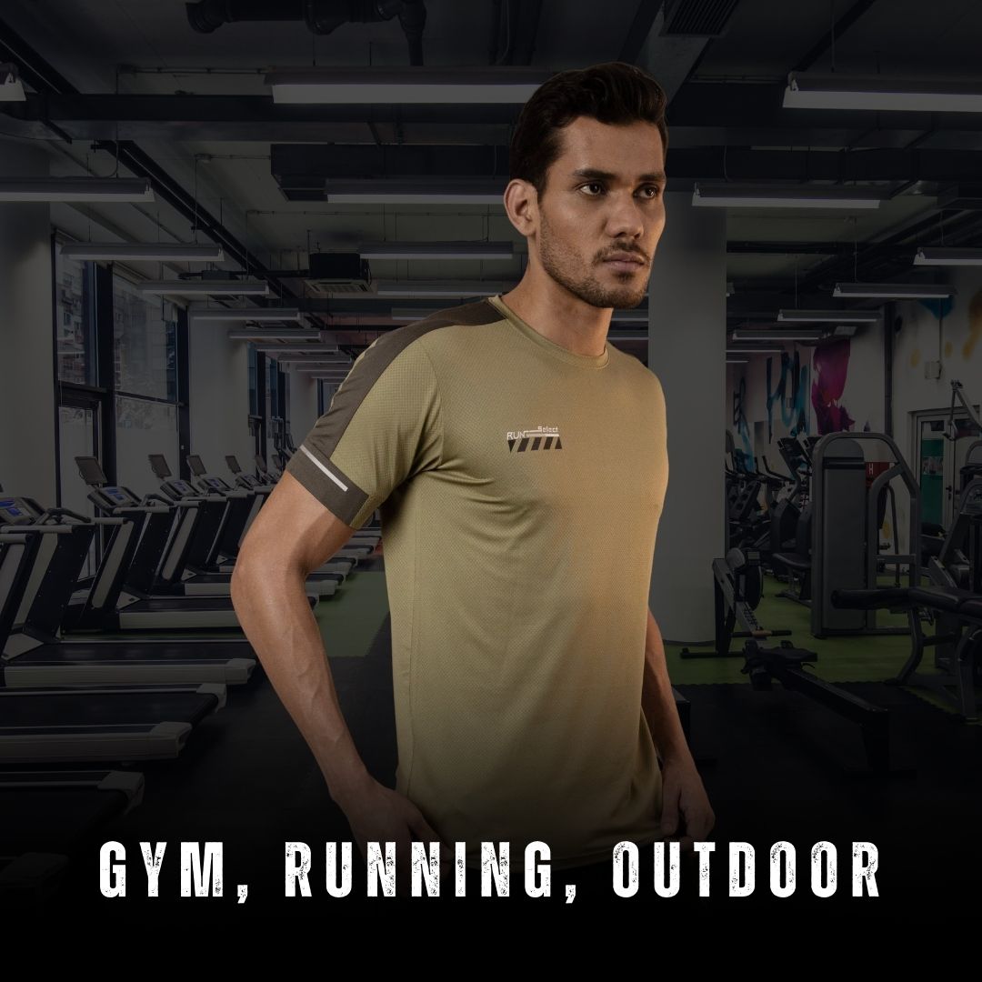 Man in a gym wearing athletic clothing with text 'Gym, Running, Outdoor' below.