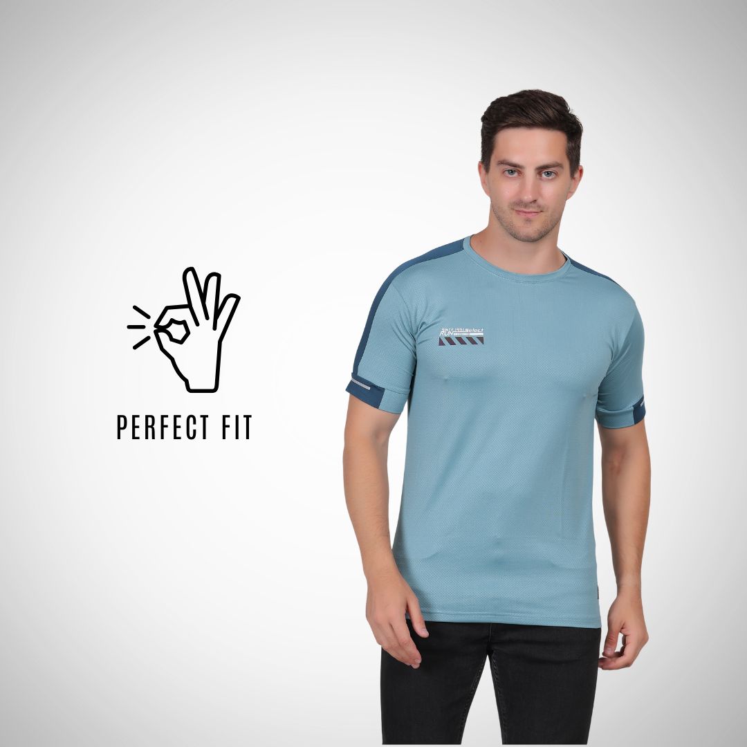 Man wearing a light blue athletic shirt with 'Perfect Fit' logo on a white background