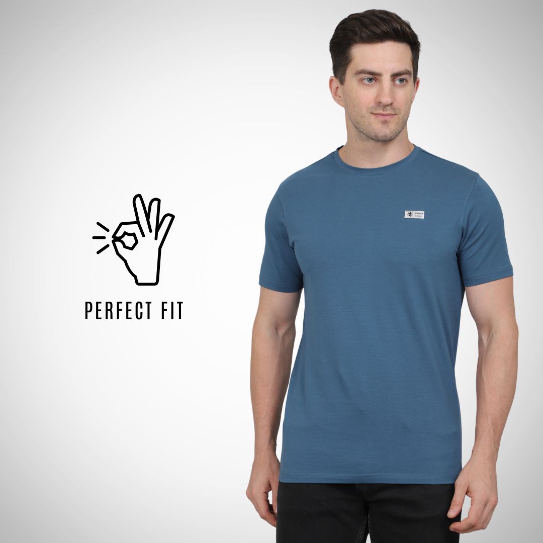 Man wearing a blue t-shirt with 'Perfect Fit' logo on a white background