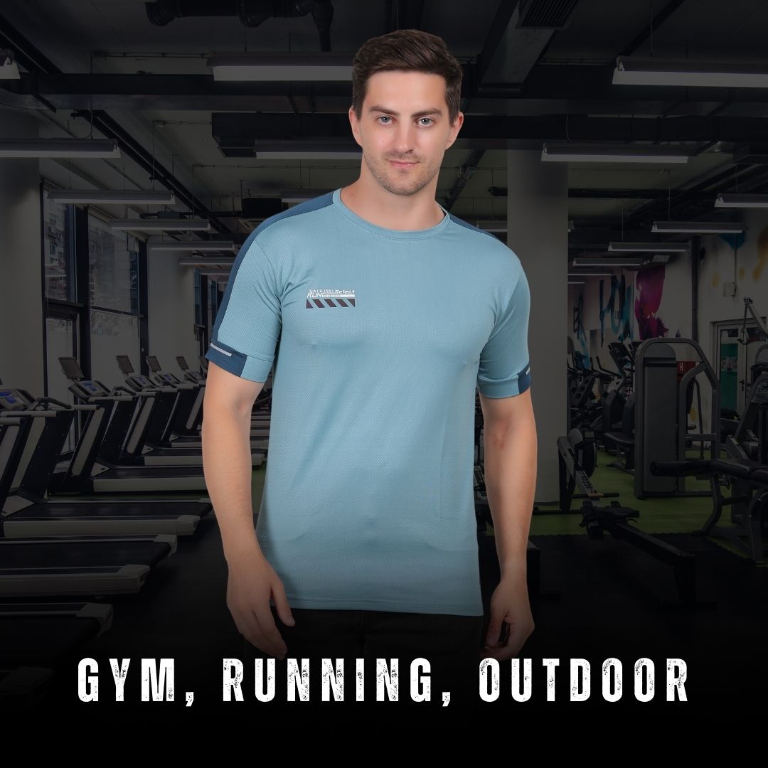 Man wearing a blue athletic shirt in a gym setting with text 'Gym, Running, Outdoor'.