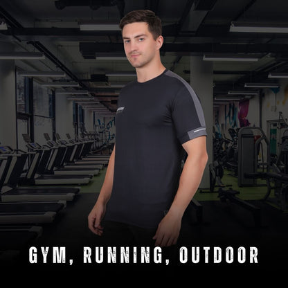 Man in a gym wearing athletic clothing with text 'Gym, Running, Outdoor' on a dark background