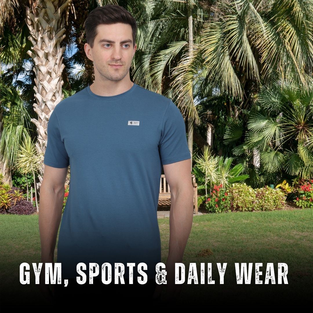Man wearing a blue t-shirt in a garden setting with text 'Gym, Sports & Daily Wear'.