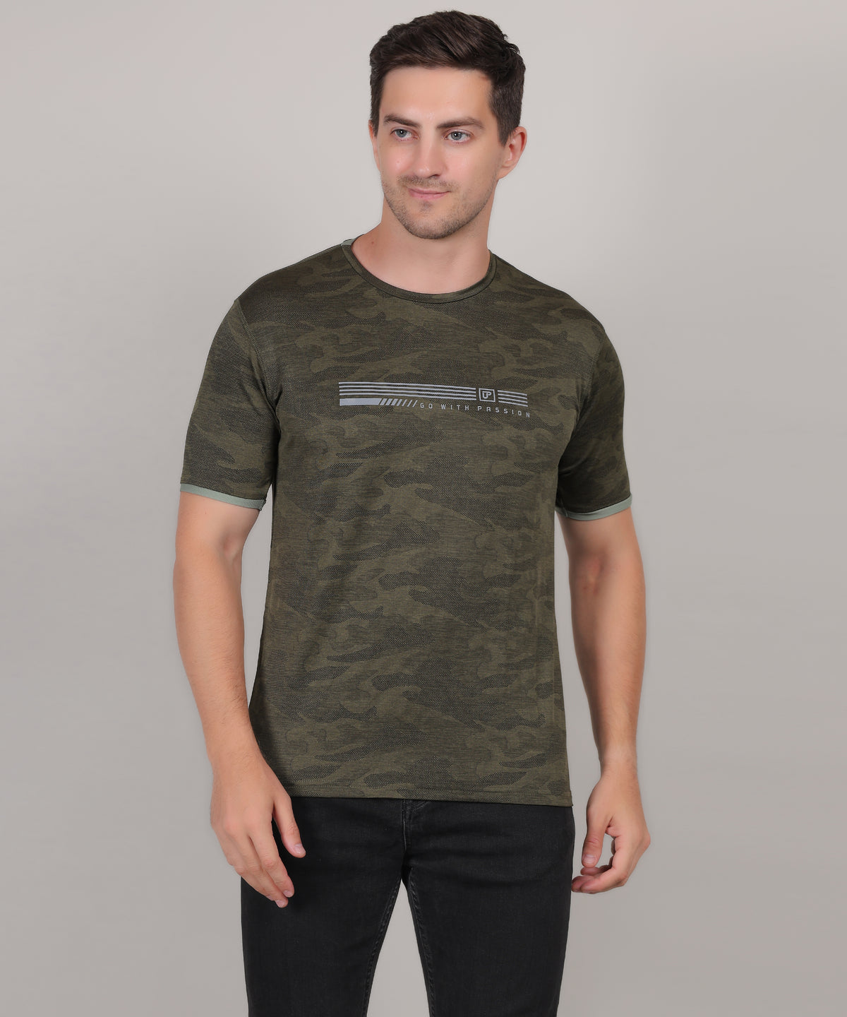 SELECT 4147 ULTRA-DRY JACQUARD KNIT ROUND NECK OLVIE T-SHIRT