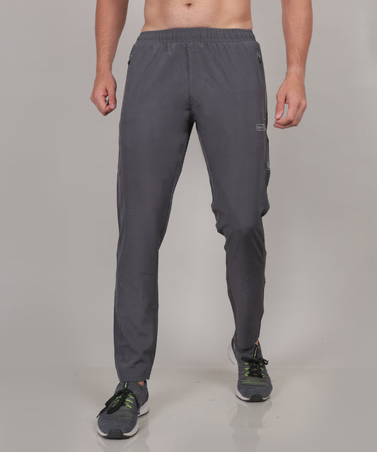 A pair of men's track pants in gray, featuring a high waist and side zipper pockets.